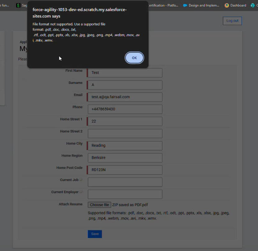 Error message when uploading unsupported file types in candidate portal.
